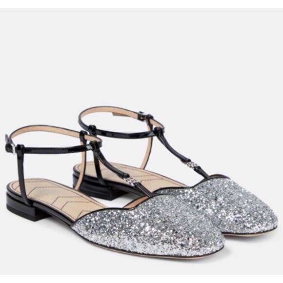 Gucci Double G T-Strap Silver Glitter Ballerina Ballet Flat Shoes 38/ 8 NIB $920 - Picture 1 of 12